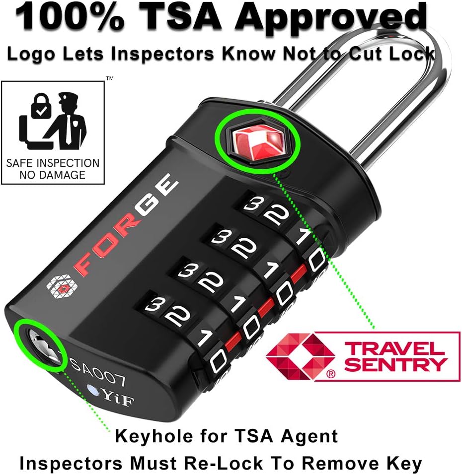  | 4 Digit TSA Approved Luggage Lock, 4 Pack Black, Inspection Indicator, Alloy Body | Luggage Locks