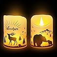 2 Pieces Christmas Flameless LED Candles with 8h Timer, Battery Operated Plastic Pillar Rustic Candles Warm Light with Decals for Adventure Table Home Decor, D3 x H6 (Woodland Mountain)