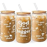 Christian Inspiration16oz Can Glass Tumbler with Bamboo Lid & Straw, Inspirarional Iced Coffee Cup for Women Girls, Religious Gift for Birthday Christmas