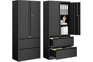 PEUKC 2-Drawer Metal File Cabinet, Lateral Vertical Filing Cabinets for Home Office, Locking File Cabinet with Storage Shelves, Legal/Letter/A4 Size Office File Cabinets (Black, Assemble Required)