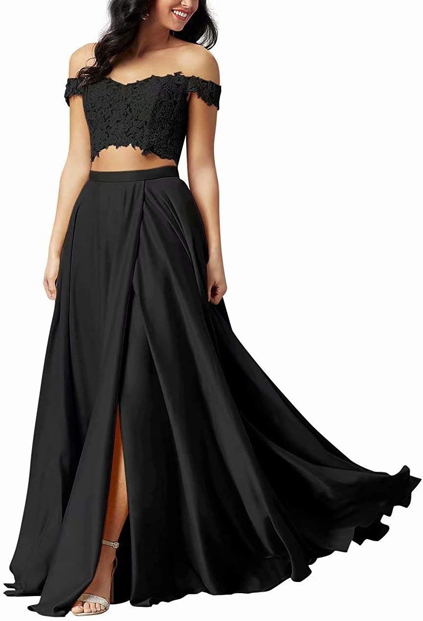 NMHY Women's Two Pieces Off The Shoulder Prom Gown High Split Lace Satin Evening Dress