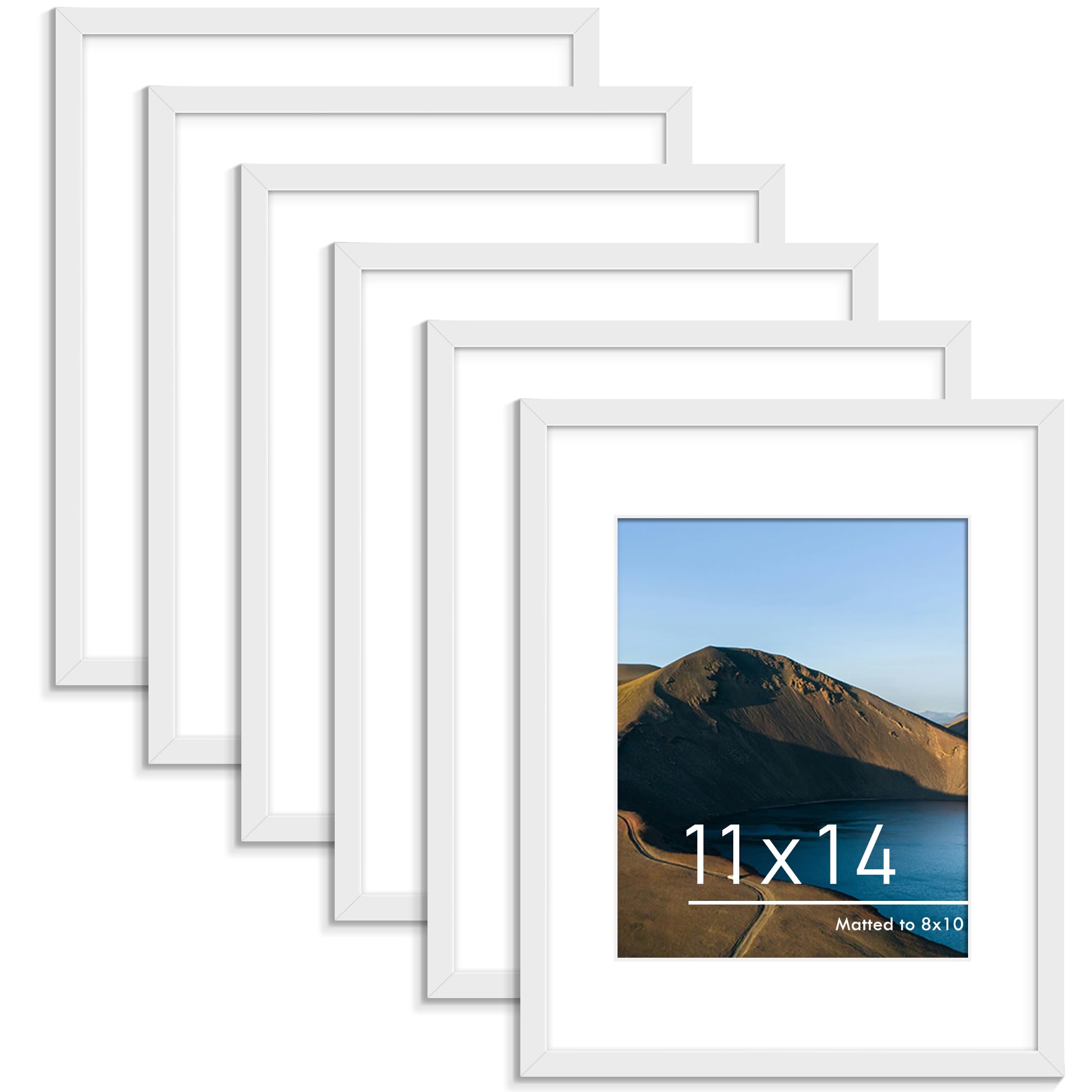 Photo 1 of PEALSN 11x14 Picture Frame Set of 6, Display Pictures 8x10 with Mat or 11x14 Without Mat for Wall Mounting or Table Top Display, Photo Frames Collage for Wall Decor, White.