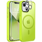 MOCCA Strong Magnetic for iPhone 13 Case, [Compatible with Magsafe][Screen Protector+Camera Lens Protector] Translucent Matte Back Slim Shockproof Case for iPhone 13 Phone Case 6.1", Fluorescent Green