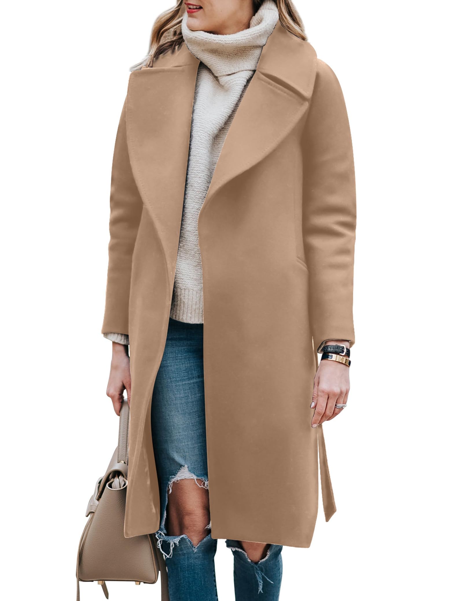 BZB Women's Pea Coats Elegant Notched Collar Double Breasted Winter Long Overcoat Jackets