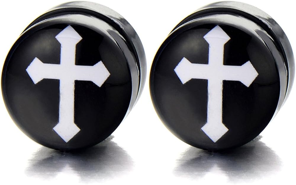 10MM Black Circle Cross Stud Earrings for Men