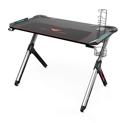 Eureka Ergonomic R1-S Gaming Desk - Gaming Computer Desk, Gaming Table PC Gamers Schreibtisch mit RGB-Licht, Kohlefaser-Textu