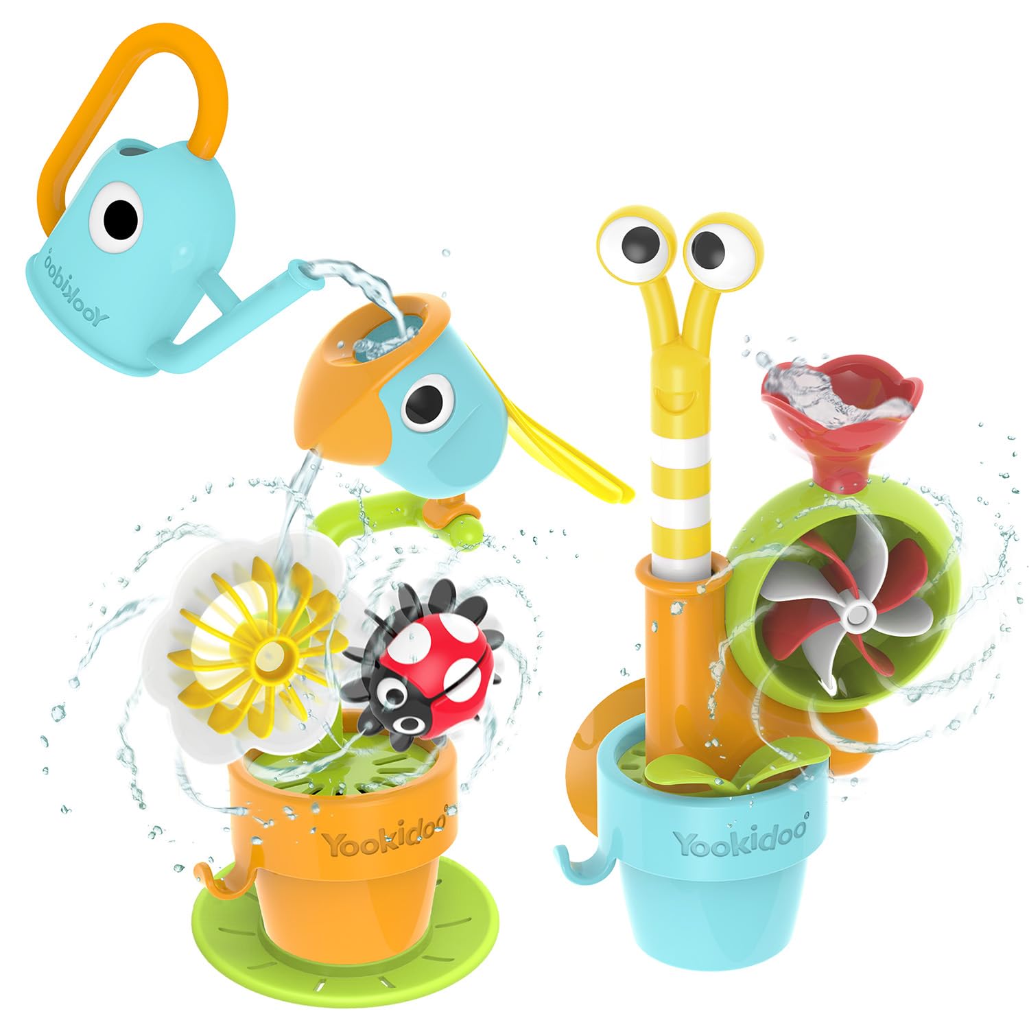 Yookidoo Pour N Grow Spinning Garden Bath Toy: Bathtub Fun Bundle - Imaginative Learning Game with Tipping Bird, Lady Bug & Pop-Up Snail for Kids & Toddlers 18+. No Batteries Needed