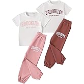 Jolyshlid Girls 4 Pieces Outfits Short Sleeve Printed Tee Tops and Pants Set 4-12Y