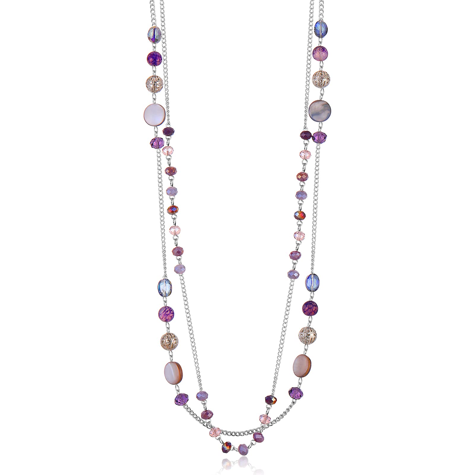 FULU AUTUMN Long Layered Statement Necklaces for Women Silver Crystal shell Chain Necklace Boho Costume Jewellery Birthday Gifts(Purple)