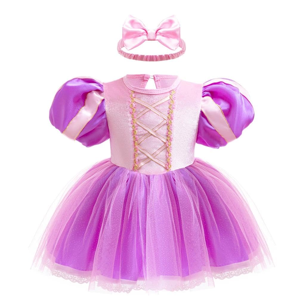 Lito Angels Baby Girls' Princess Rapunzel Romper Costume with Headband Soft Bodysuit Dress Up Outfit for Birthday Halloween Cosplay Age 6 to 9 Months