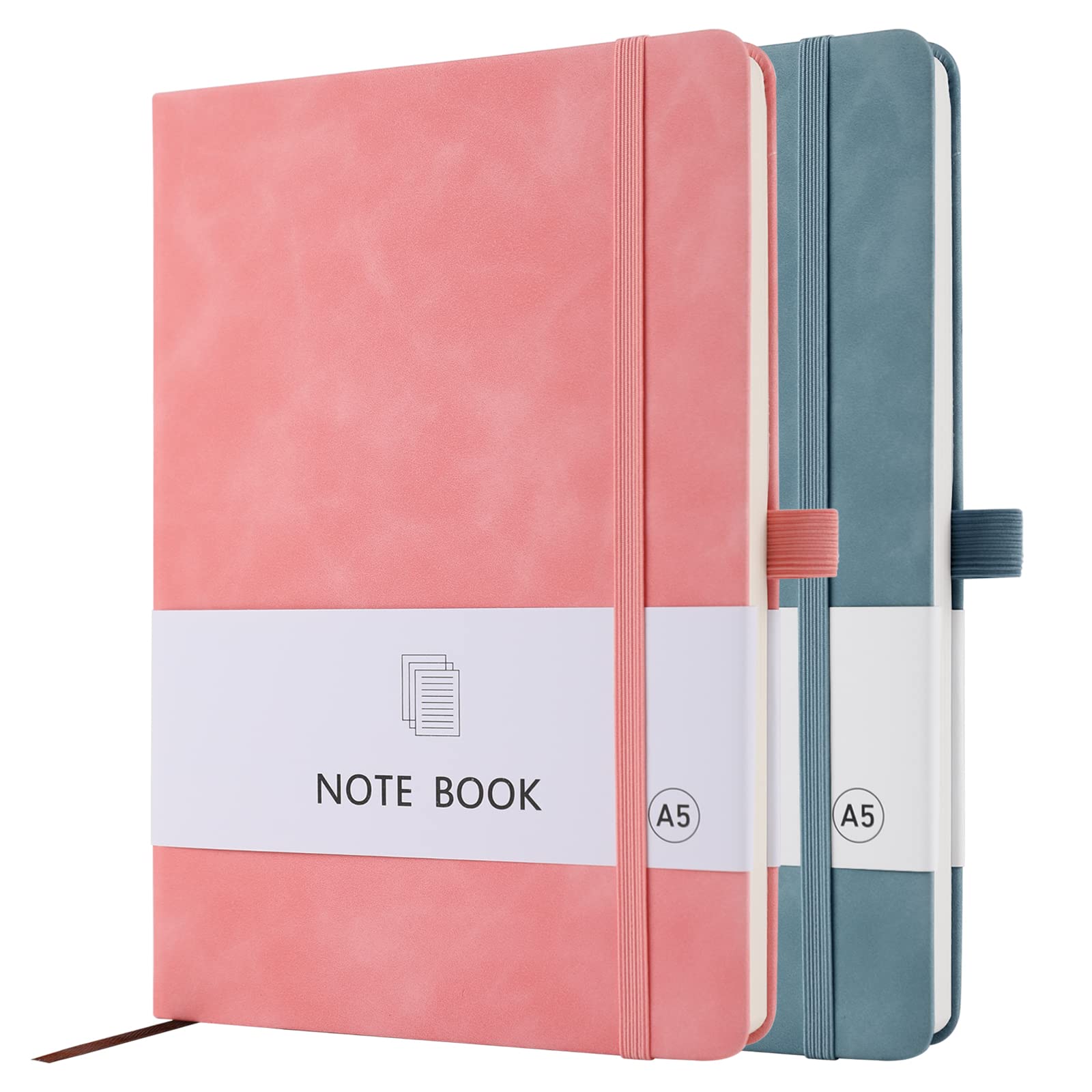 A5 Notebook, 2 Pack Notebook A5 200 Pages 100 GSM Journal Notebook Hardback Notepad with Bookmark, Pen Loop, and Elastic Closure (Pink+Pastel Blue)