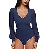 REORIA Womens Mesh Long Sleeve Bodysuit Double Lined V Neck Slimming Body Suits Sexy Cute Going Out Tops Shirts Fall Outfits