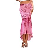 SEBOWEL Women's Floral Mesh Maxi Skirt High Waist Bodycon Long Pencil Skirt Boho Style Trendy Skirts for Women