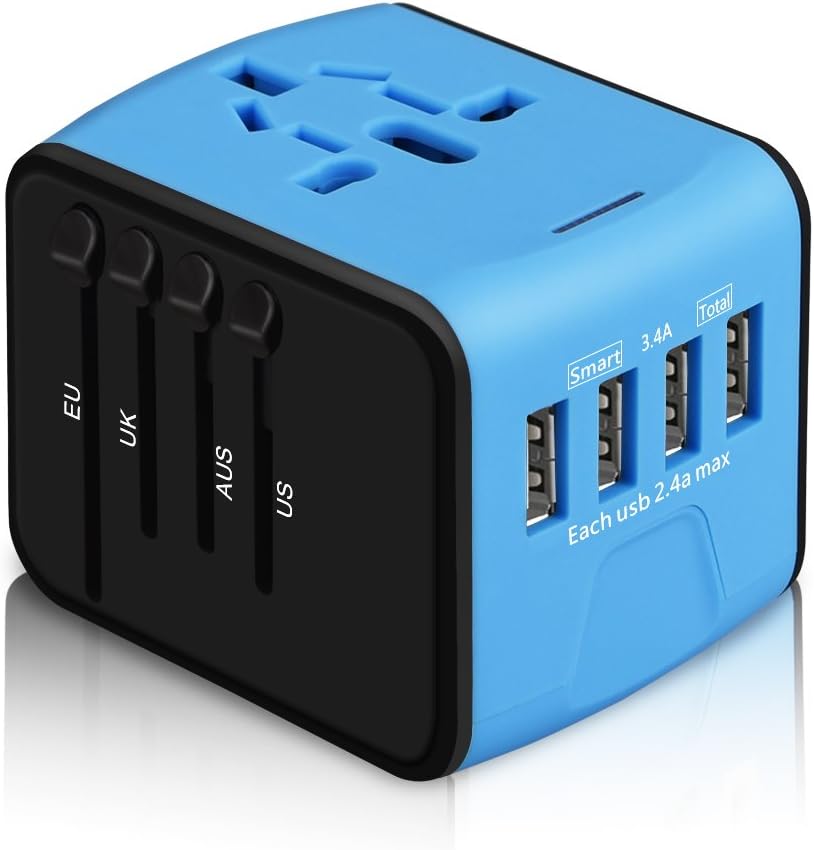International Power Adapter, HAOZI All-in-one Universal Travel Adapter with 2.4A 4USB, Europe Multifunctional Power Adapter Wall Charger for UK, EU, AU, Asia Covers 150+Countries(Blue)