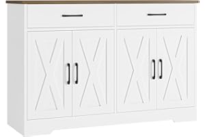 HOSTACK Buffet Cabinet with Storage, 47.2" Kitchen Sideboard Buffet with Drawers, Modern Farmhouse Coffee Bar Station with Shelves, Barn Doors Storage Cabinet for Living Room, White/Rustic Brown