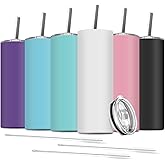 Deitybless 6 Pack Stainless Steel Skinny Tumbler, 20 OZ Double-Insulated Water Tumbler Cup with 6 Straw and 3 Brush, Vacuum Travel Mug Gift for Hot Cold Drinks with Cleaning(Assorted Colors)