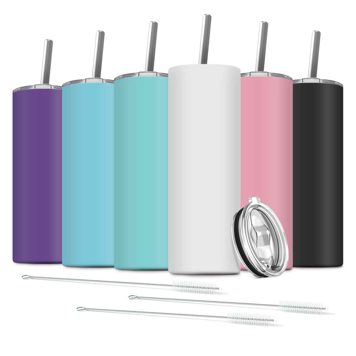 Photo 1 of Deitybless 6 Pack Stainless Steel Skinny Tumbler, 20 OZ Double-Insulated Water Tumbler Cup with 6 Straw and 3 Brush, Vacuum Travel Mug Gift for Hot Cold Drinks with Cleaning(Assorted Colors)