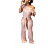 LKOUS Women's Off Shoulder Sequin Jumpsuit Sparkly Short Sleeve High Waisted Wide Leg Romper Beach Vacation Outfits