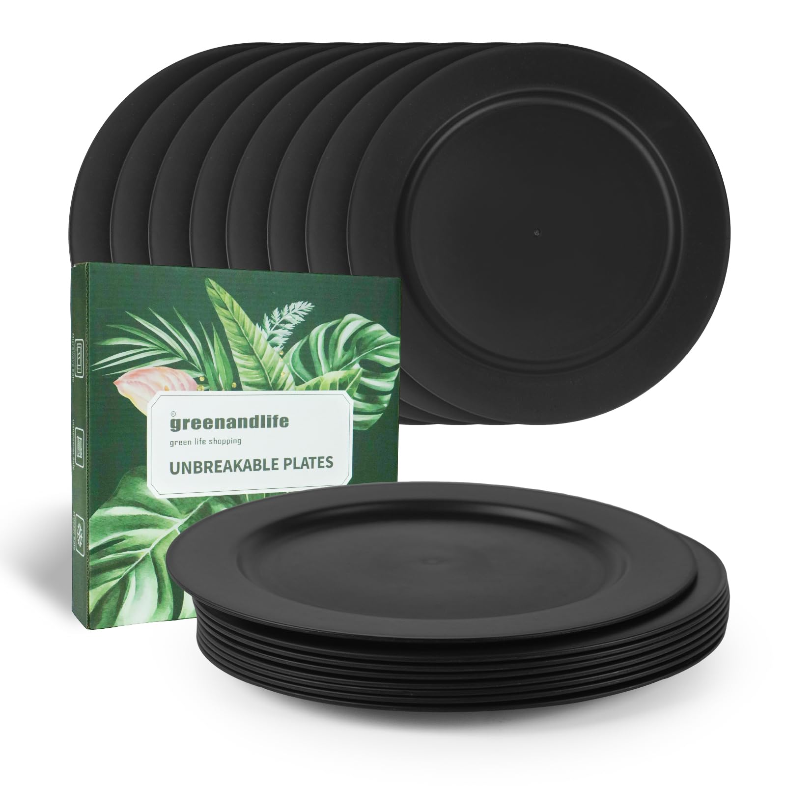 greenandlife 25cm Dinner Plates, 10 inch Reusable Plastic Plates, 8 Pcs Dishwasher & Microwave Safe PP Plates, Lightweight & Unbreakable, BPA Free Black