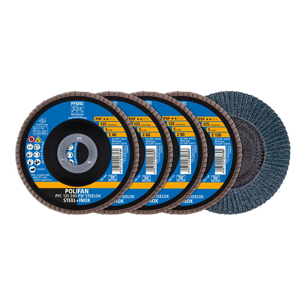 PFERD Serrated washer set, 4 pieces, 4 x Polifan fan disc 125 x 22.23 mm, conical, Z40, Z60, Z80, Z120, universal line PSF Steelox, 69198300 - for steel and stainless steel (INOX)