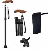 Premimax Carbon Fiber Folding Walking Cane, 11.9 oz, Adjustable Height | Sapele wood handle, quad and rubber tips, 13 x 6 in compact size, 300 lb capacity, travel pouch included