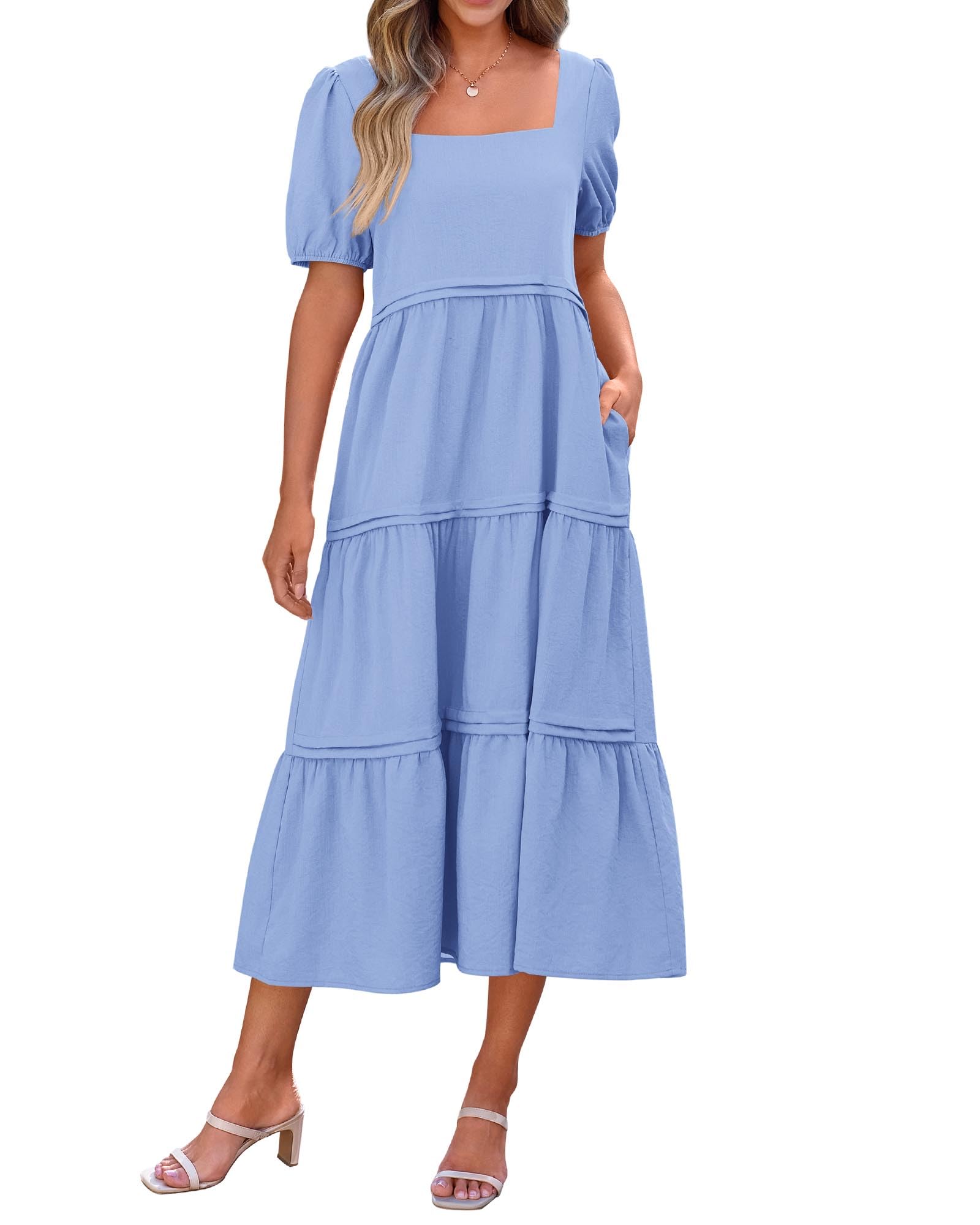KIRUNDO Women Summer Dresses 2025 Spring Fashion Boho Puff Sleeve Square Neck Pocketed Loose Fit Tiered Flowy Maxi Dress(Light Blue, Small)