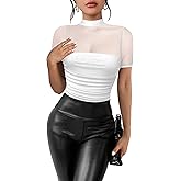 Kentysill Women's Mesh Sexy Mock TurtleNeck Bodysuits Short Sleeve Shirt Ruched Sheer Body suit Summer Trendy Going Out Tops