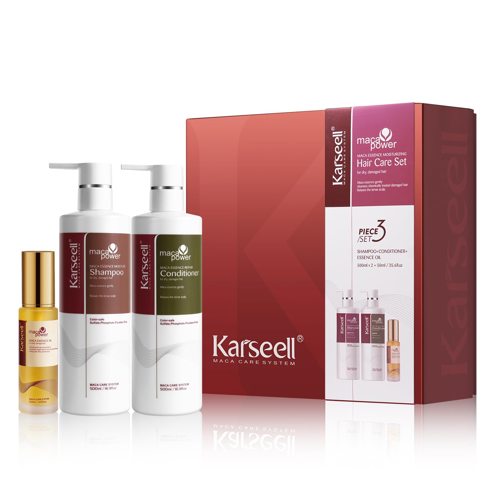 Karseell Collagen Hair Treatment Moisturizing Hair Care Set, Hair Oil Shampoo and Conditioner Set for Dry Damaged Hair All Hair Types, 2 x 500ml + 50ml