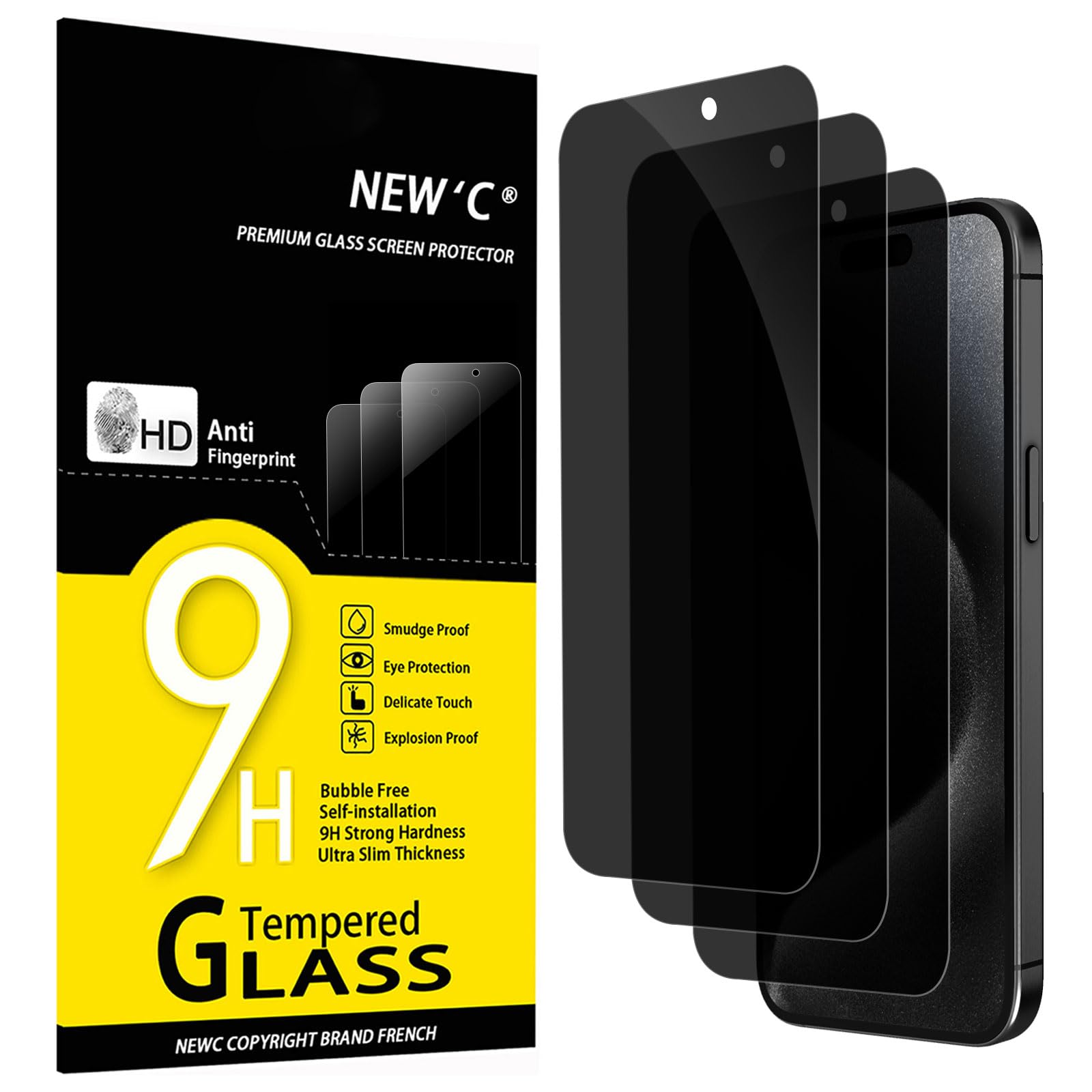 Photo 1 of NEW'C 3 Pack Privacy Screen Protector for iPhone 15 Pro, iPhone 15 (6.1"), Enhanced 28-Degree Privacy Angle, Ultra Durable 9H Hardness, Bubble-Free