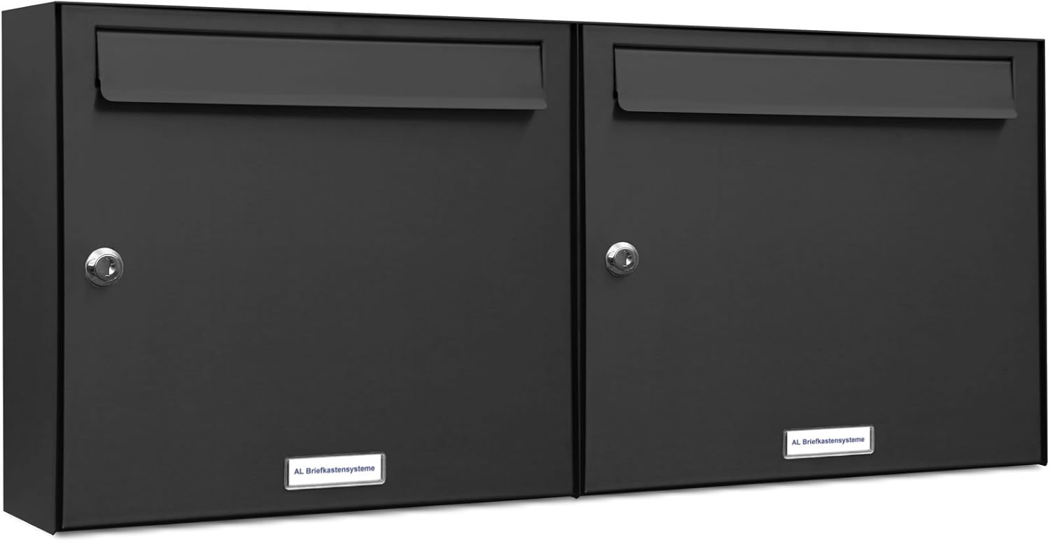 AL Briefkastensysteme 2er Briefkastenanlage Anthrazit Grau RAL 7016, Premium Doppel-Briefkasten DIN A4, 2 Fach Postkasten modern Aufputz