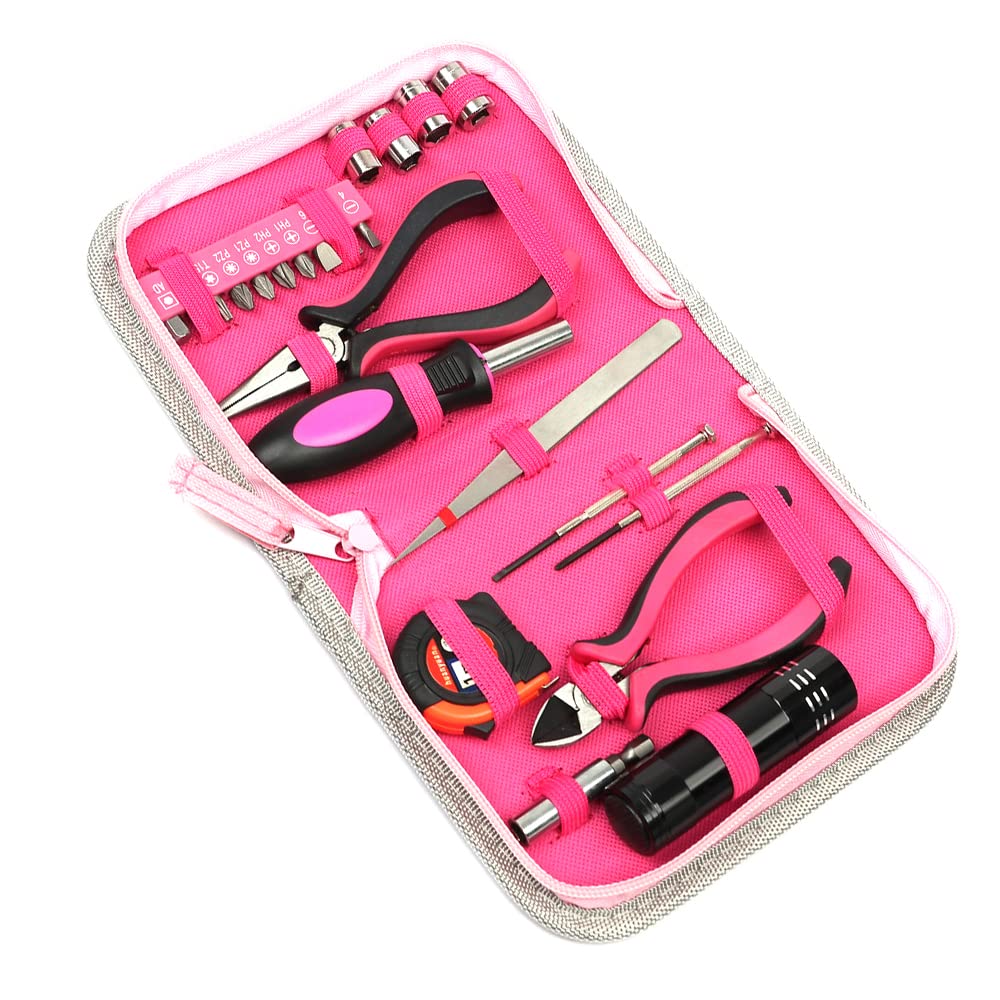 Baceyong 23 Pcs Ladies Pink Tool Kit,Screwdriver Household Tool,Pink Multi-function Repairing Tool Kit,Plier Screw Tape Measure Tool