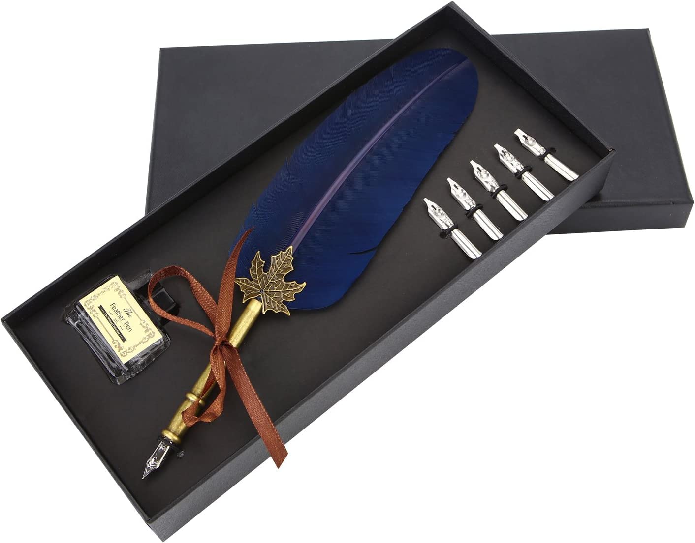 Quill Pen and Ink Set Writing Quill Calligraphy Pen Set with 5 Extra Nibs and Ink in gift Box, for Beginners