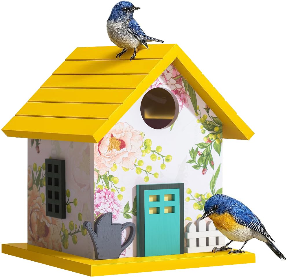 CEDAR ALPHA Spring Melody Bluebird House, Composite Material Nesting Box, Hanging Birdhouse for Blue Bird,Sparrow, Chickadee, Birdhouse for Outside, 5 Years Weatherable Bird Box on Post for Pole (A) Image