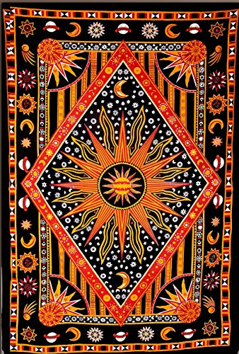 Celestial Sun Moon Stars Planet Tapestry, Indian Hippie Wall Hanging , Bohemian Bedspread, Mandala Cotton Dorm Decor Beach Blanket