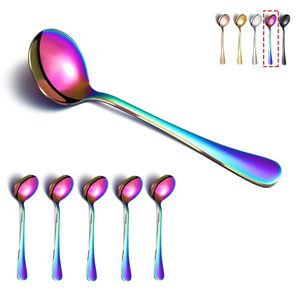 Kyraton Rainbow Soup Set, 6 Pieces 19 cm Stainless Steel Round Spoons with Titanium Plating, Dishwasher Safe