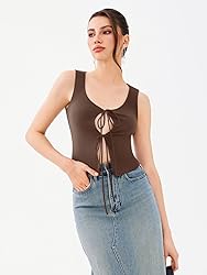 REORIA U-Neck Adjustable Tie-Front Crop Tank Top