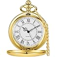 Alwesam Smooth Pocket Watch Alloy Steel Quartz Roman Numerals with 37cm Chain for Father's Day Xmas Best Gifts