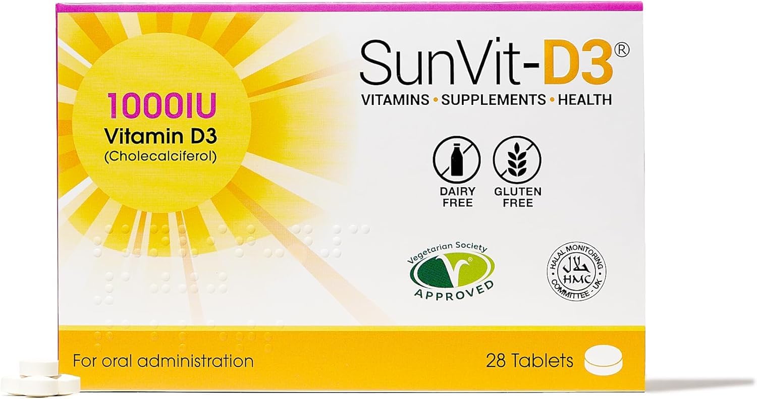 SunVit-D3 Vitamin D3 1000 iu - High Strength Vitamin D Tablets Support the Maintenance of Bone, Teeth, Muscle & Immune System | Made in UK & GMP Approved | Dairy & Gluten free - D3 Vitamins 28 Tablets