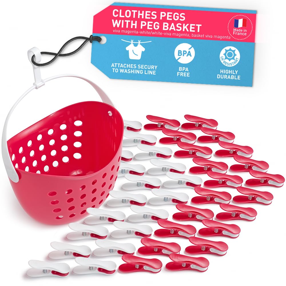 culiclean Clothes Pegs for Washing Line – Clothes Peg and Bag Set with Peg Basket for Washing Line – Washing Peg and Basket with Hanger – 40 Pegs, 1 Holder – viva magenta-white/viva magenta