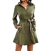 Women's Long Sleeve Button Up Midi Belt Shift Collar Dress with Pockets for Work Office Business