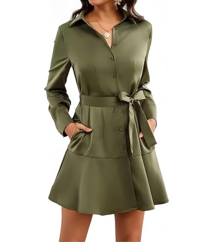 Green Button Down Dress for Women:Casual V-Neck Long Sleeve Belted Shirt Dresses Hiking Office Work Outfits(Army Green,Small) : Clothing, Shoes & Jewelry