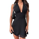 Misng Womens Halter Mini Dress V-Neck A-line Chiffion Sleeveless Backless Party Dress