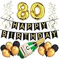 80th Birthday Party Pack â€“ Black & Gold Happy Birthday Bunting, Poms, and Swirls Pack- Birthday Decorations â€“ 80th Birthday Party Supplies