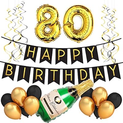 80th Birthday Party Pack â€“ Black & Gold Happy Birthday Bunting, Poms, and Swirls Pack- Birthday Decorations â€“ 80th Birthday Party Supplies