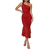 ZESICA Women's One Shoulder Summer Dress Sleeveless Mesh Ruched Bodycon Sexy Formal Cocktail Midi Dresses