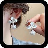 Xduargs Boho Flower Pearl Earrings Gold Flower Blossom Stud Earrings Vintage Pearl Dangle Earring Personalized Floral Lily Petal Earring Jewelry for Women