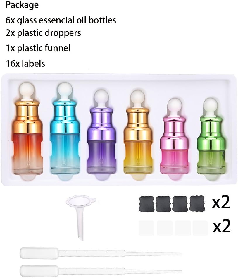 Empty Glass Bottles for Essential Oils Small Lightweight Colorful Bottles Different Sizes Dropping Bottles 6 Pack 1 Plastic Funnel 2 Plastic Droppers 16 Lables: Home Improvement