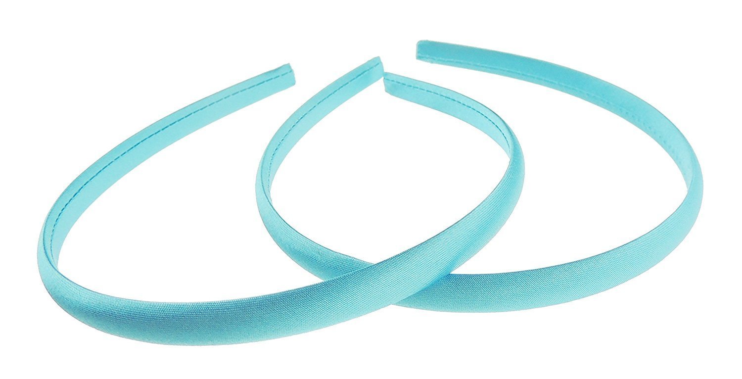 Pair of 2 Slim Thin 1cm Satin Covered Teens Girls Bridesmaid Basic Party Satin Plain DIY Alice Headband Hairband Head Hair Band Kids School Uniform (Turquoise, One Size)