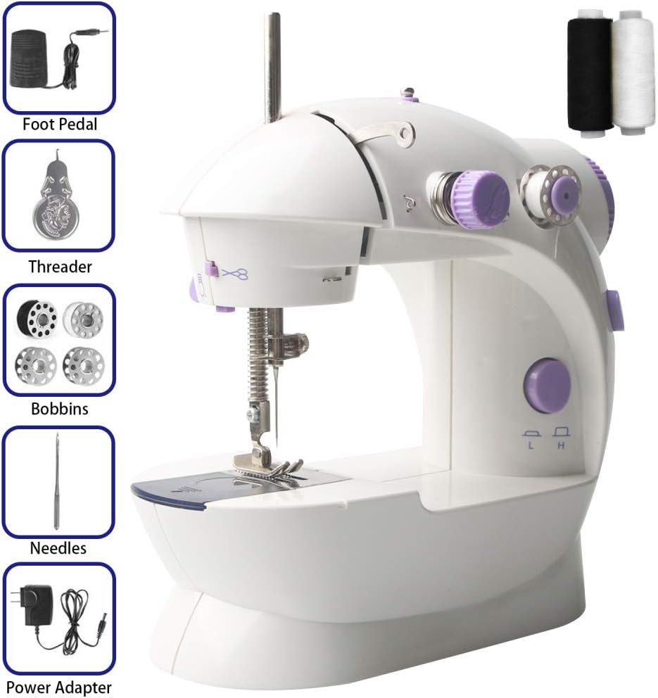 Mini Sewing Machine Double Speed with Light + Foot Pedal + 4 Coils AC100-240V Automatic Sewing Machine Electric Crafting Mending Machine (Purple)