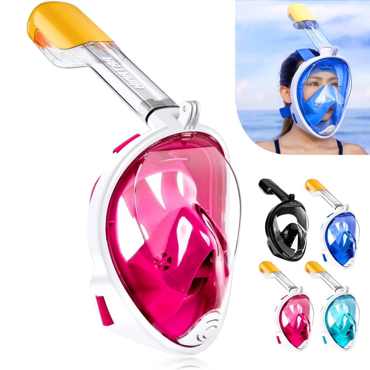 HINATAA Snorkel Mask 180°Full Face, Diving Mask Free Breathing Design Anti-Fogging and Anti-Leak Technology with Adjustable Head Straps for Adult Youth Kids (S/M, Pink)